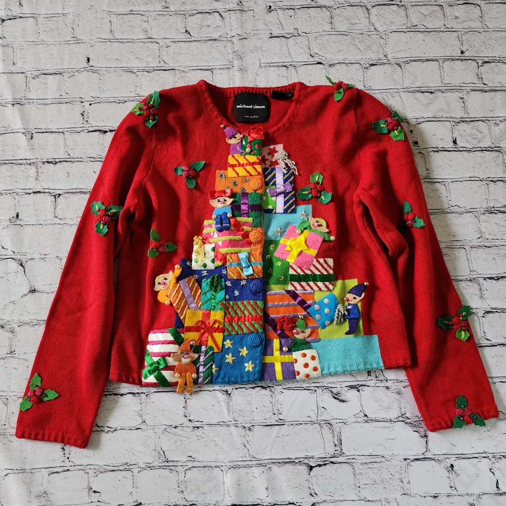 Michael Simon Vintage Medium Christmas Elves Presents Embellished Cardigan Red